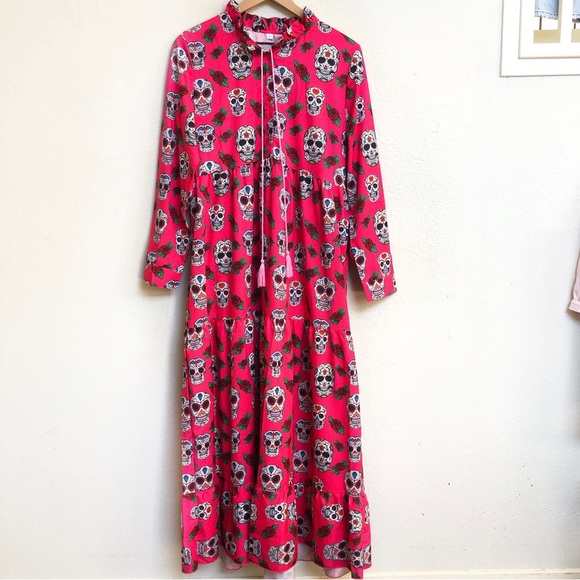 Candy Skull Bright Hot Pink Prairie Cottage Style Maxi Dress size L - Picture 12 of 12